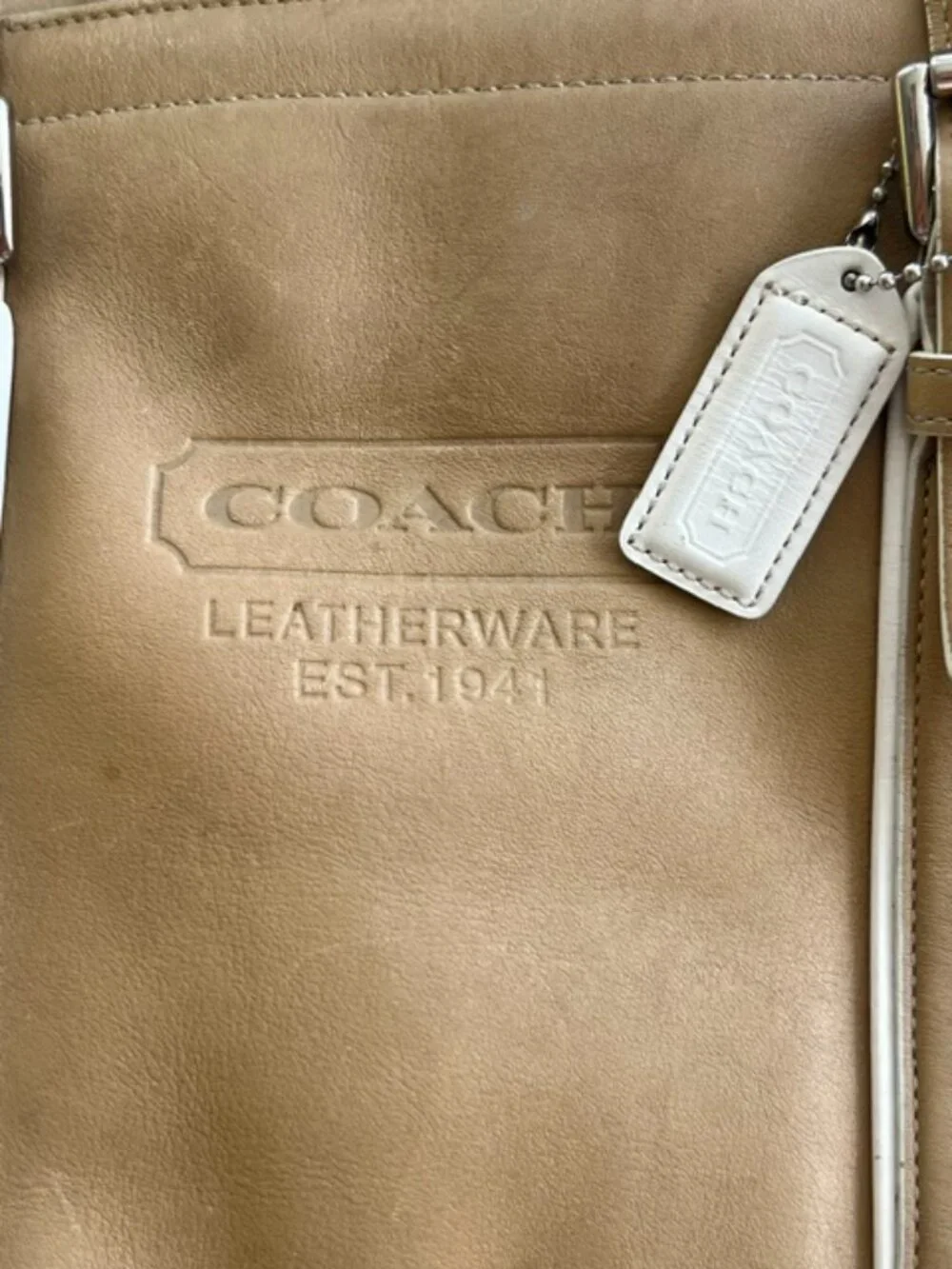 Vintage Coach Tan & White Trim Tote Bag